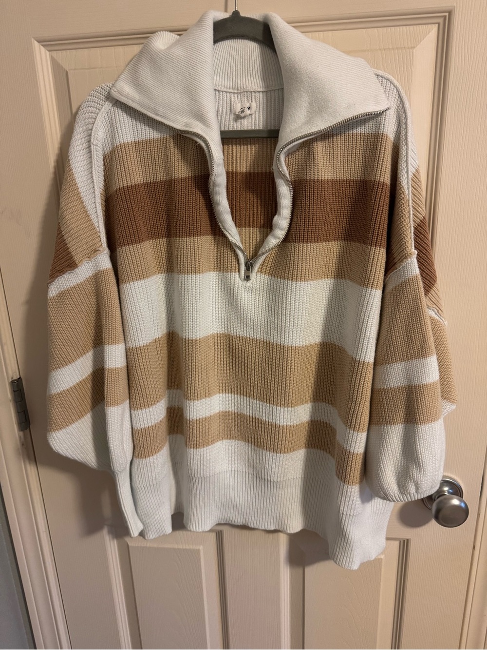 Aerie Striped Half-Zip Pullover Sweater in White and Tan